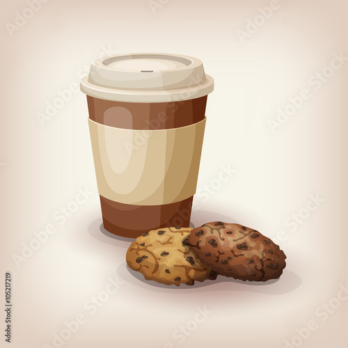 A quick snack to go. Disposable cup of coffee and traditional chocolate chip cookies. Cartoon style icon. Restaurant menu illustration. 