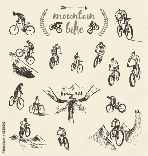 Set hand drawn mountain bike cyclist vector sketch