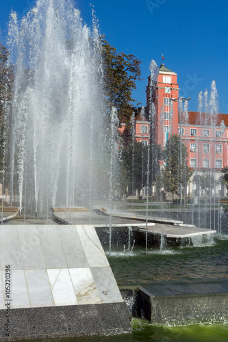 Town Hall and Fountain in the center of City of Pleven, Bulgaria