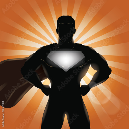 Superhero standing with hands on hips silhouette. Superhero chest for your company name and logo.