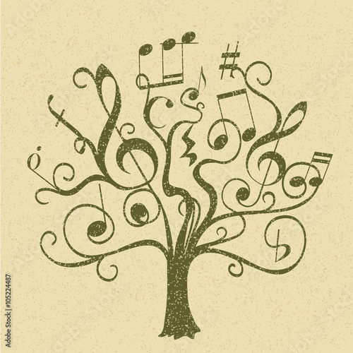 hand drawn tree with curly twigs with musical notes and signs
