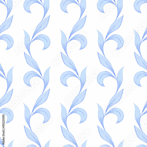 Pattern with blue leaves  5  in vector. Watercolor seamless background