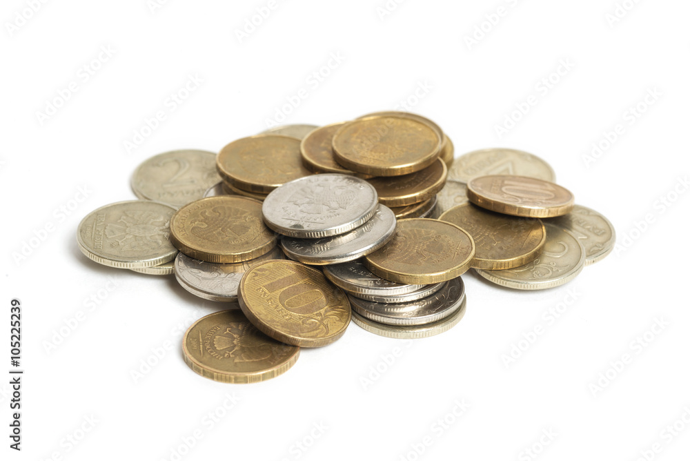 Big pile of coins isolated on white background. Russian rouble Big pile of coins isolated on white background. Russian rouble