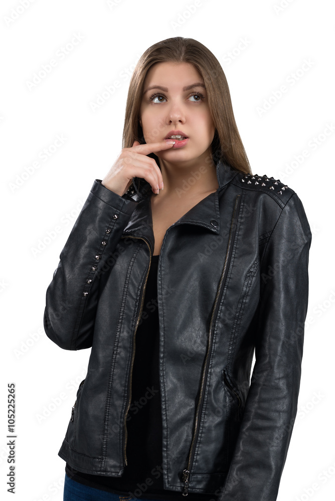 Glamorous hot young woman in a leather jacket, isolated on white background. Street, rock fashion style. Glamorous hot young woman in a leather jacket, isolated on white background. Street, rock fashion style.