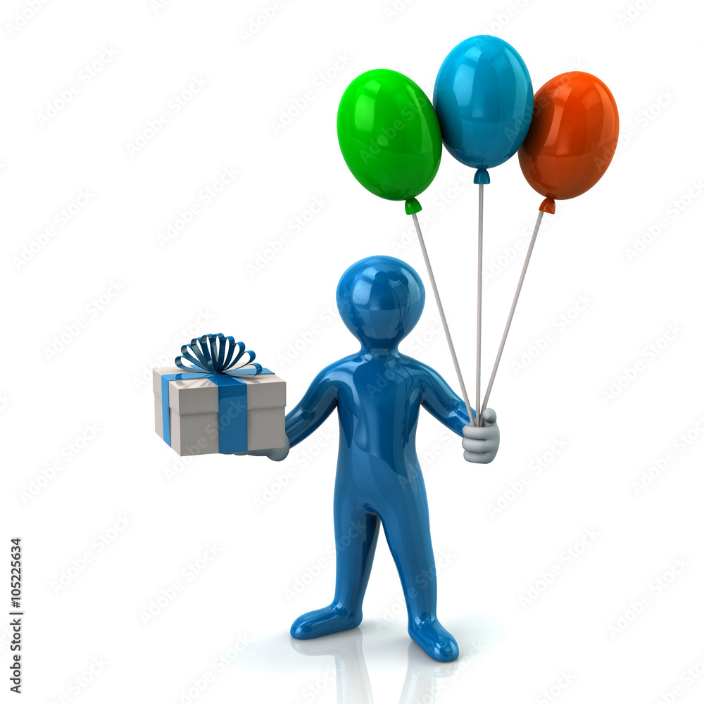 Cartoon blue man character holding gift box and colorful balloon Stock  Illustration | Adobe Stock