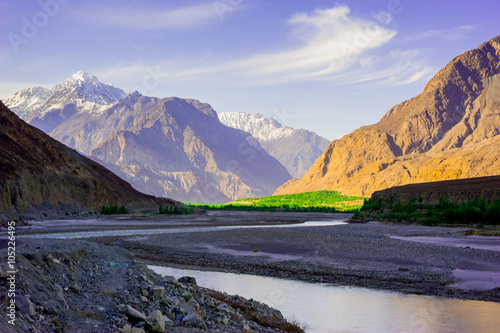 Himalayan landscape in Himalayas Mountain with river and blue sky