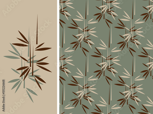A japanese style bamboo seamless tile and its isolated pattern in a vintage green and brown color palette