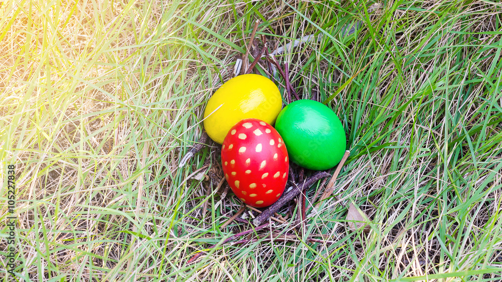 Easter eggs in branch nest on grass background Easter eggs in branch nest on grass background
