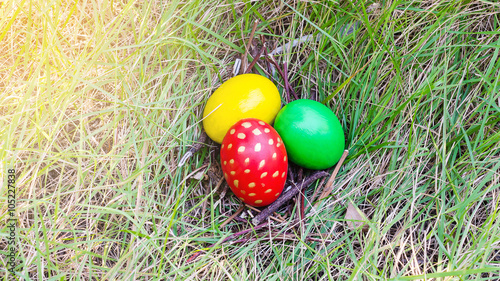 Easter eggs in branch nest on grass background