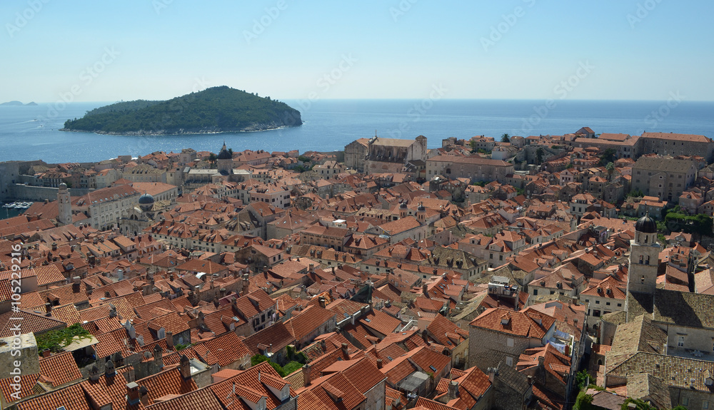 Dubrovnik old town roof tops and Lokrum island