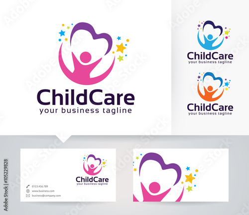 Childcare vector logo with alternative colors and business card template
