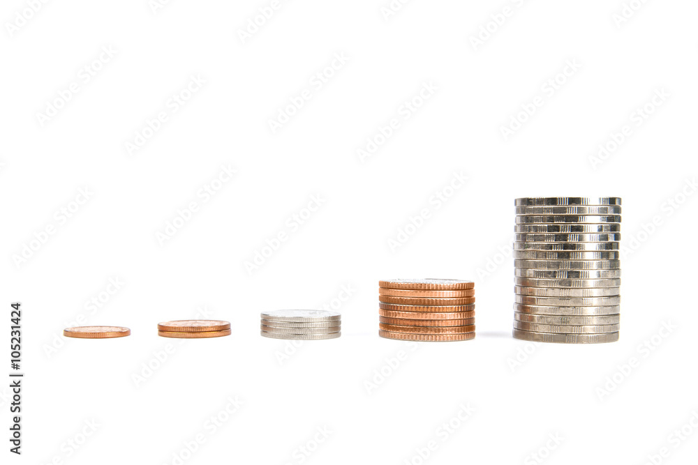 Coins steps thai baht isolated on a white background. Coin stack growing business investment. Saving money concept for passive income. Close up. Coins steps thai baht isolated on a white background. Coin stack growing business investment. Saving money concept for passive income. Close up.