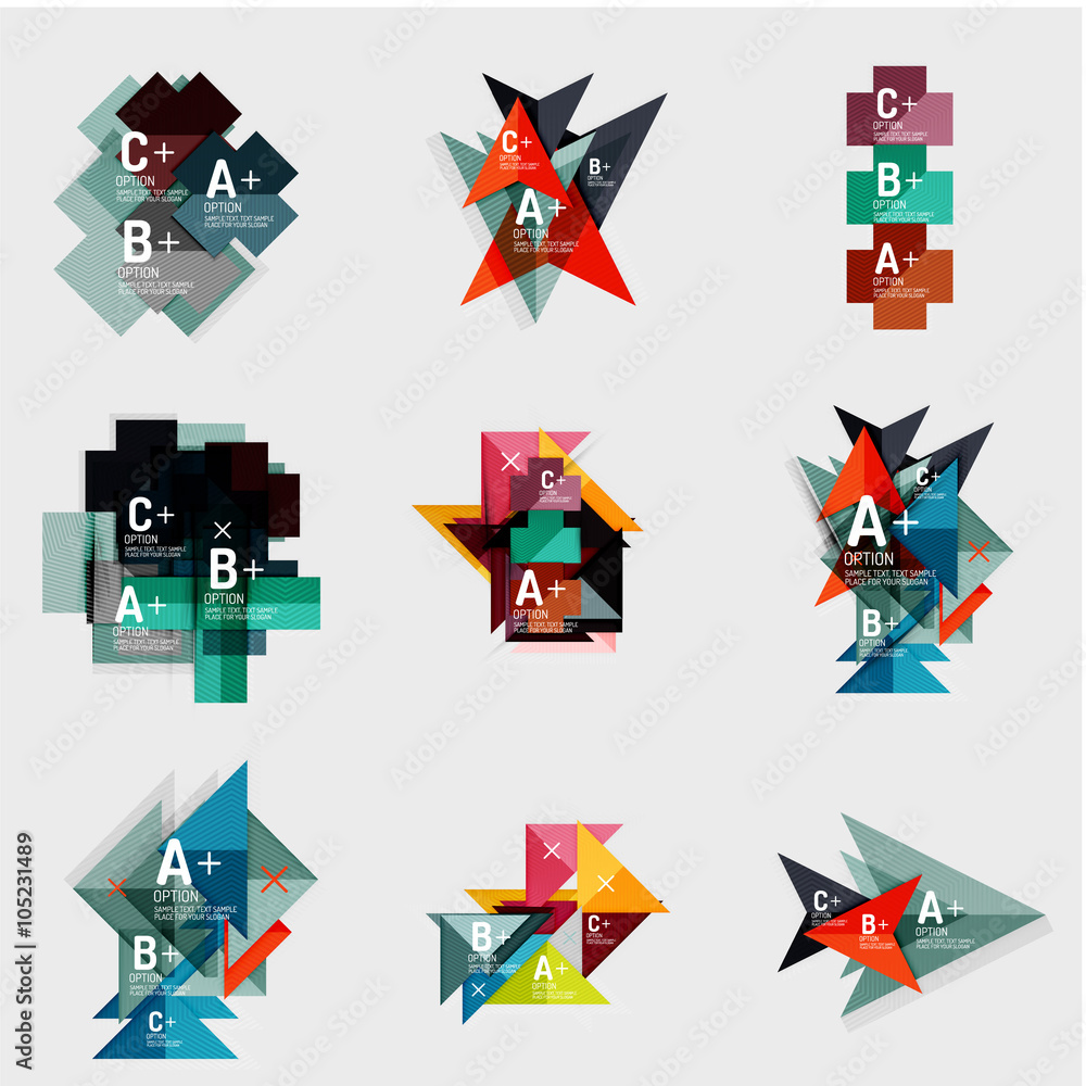 Set of paper design style geometrical banners with sample text, infographic elements Set of paper design style geometrical banners with sample text, infographic elements