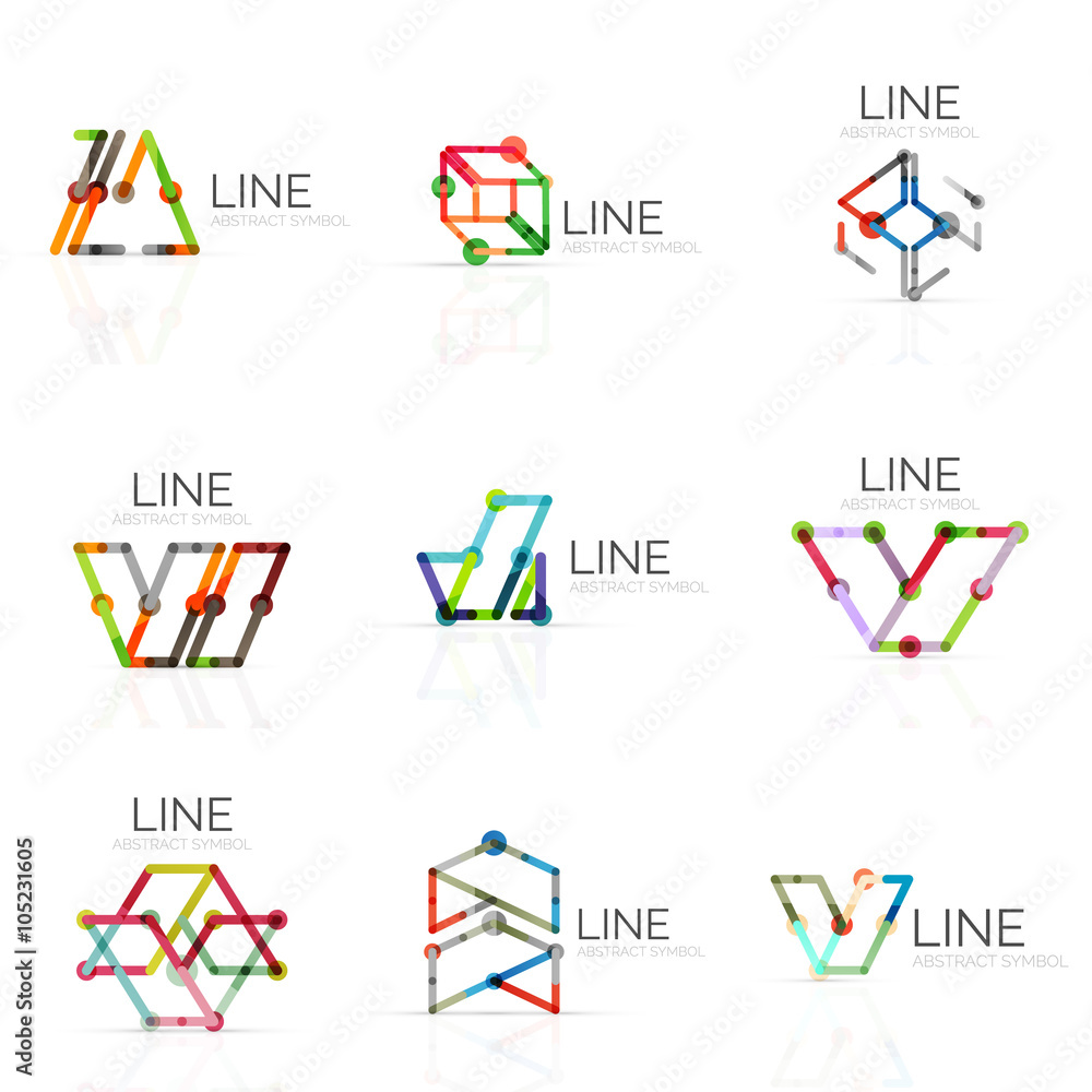 Set of linear abstract logos, connected multicolored segments lines in geometrical figures Set of linear abstract logos, connected multicolored segments lines in geometrical figures