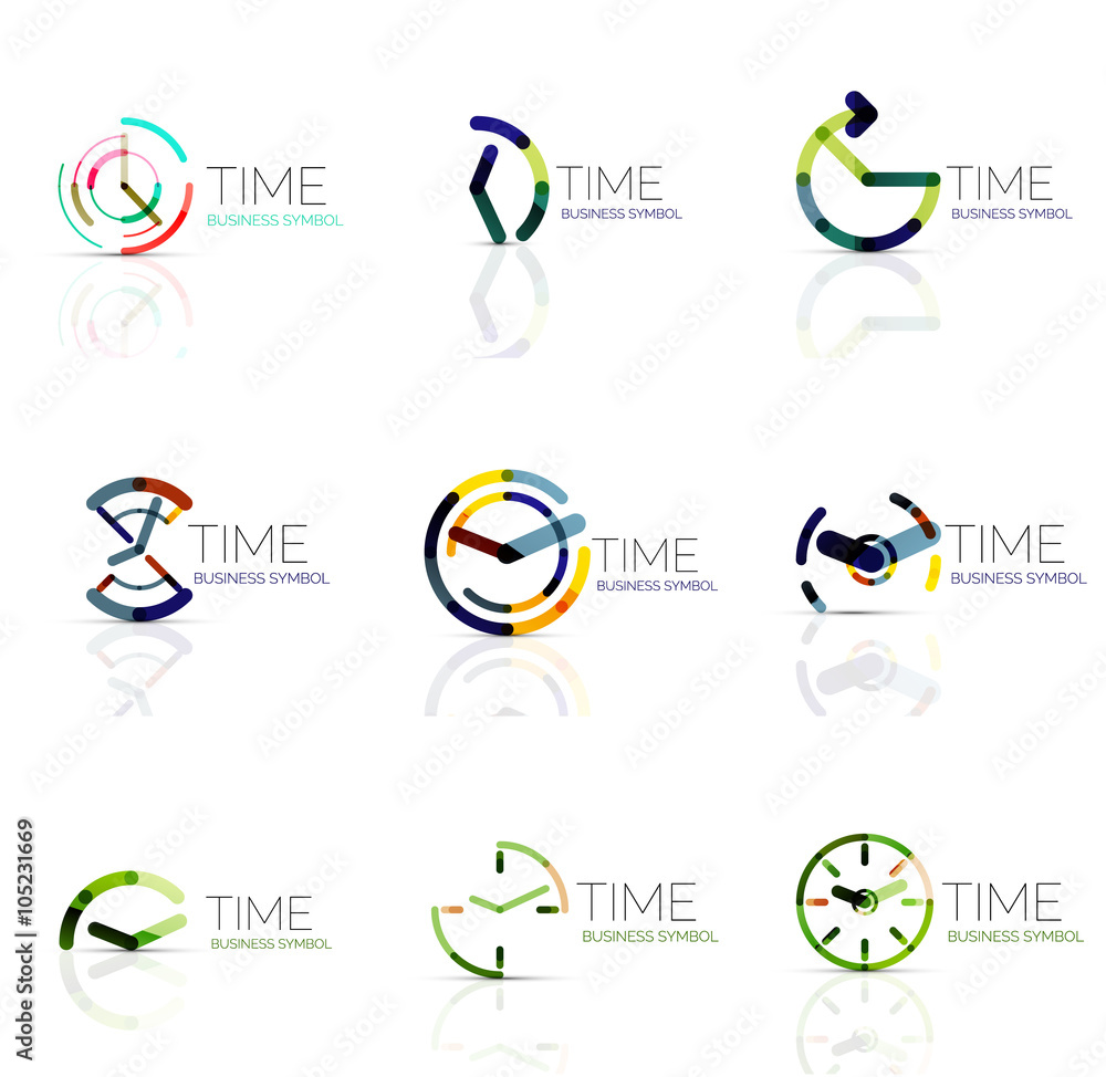 Linear time abstract logo set, connected multicolored segments