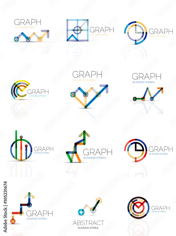 Linear graph and chart abstract logo set, connected multicolored line segments