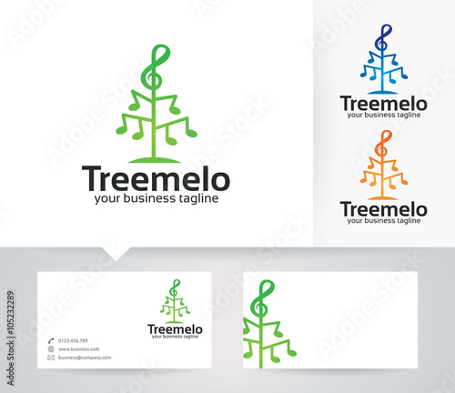 Tree Melody vector logo with alternative colors and business card template