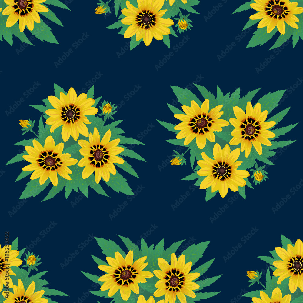 Seamless pattern with groups of flowers of yellow daisies, leaves, buds. Vector illustration Seamless pattern with groups of flowers of yellow daisies, leaves, buds. Vector illustration