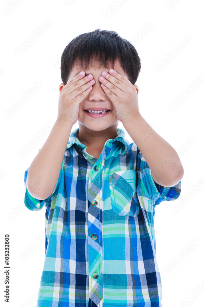 Playful asian boy covering his eye. Isolated on white background Playful asian boy covering his eye. Isolated on white background