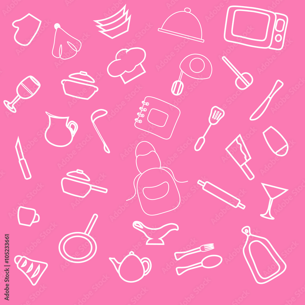 Set of hand drawn cookware. Kitchen pink girl background. Doodle kitchen equipments. Vector illustration. Sekitchen utensils silhouette tools, appliances, cooking Retro-Styled Set of hand drawn cookware. Kitchen pink girl background. Doodle kitchen equipments. Vector illustration. Sekitchen utensils silhouette tools, appliances, cooking Retro-Styled