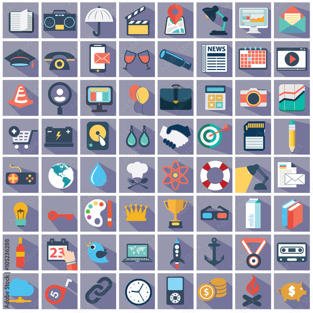 Flat icons design modern vector illustration big set of various financial service items, web and technology development, business management symbol, marketing items and office equipment on background