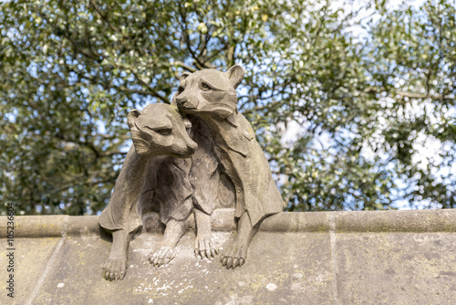Animal statue, on the walls of Cardiff castle, in Wales, UK 