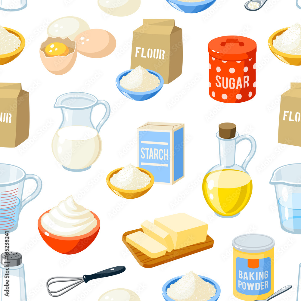 Seamless pattern with cartoon baking ingredients flour, eggs, oil