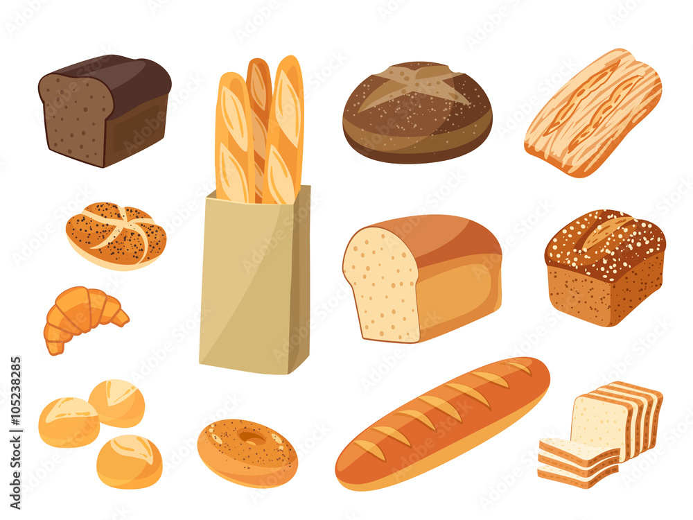 Set of cartoon food: bread - rye bread, ciabatta, wheat bread, whole grain bread, bagel, sliced bread, french baguette, croissant and so. Vector illustration, isolated on white, eps 10. Stock Vector | Adobe Stock Set of cartoon food: bread - rye bread, ciabatta, wheat bread, whole grain bread, bagel, sliced bread, french baguette, croissant and so. Vector illustration, isolated on white, eps 10. Stock Vector | Adobe Stock