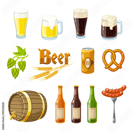 Set of cartoon beer: light and dark beer, mugs, bottles, hop cones, barley, beer keg, pretzel and sausages. Vector illustration, isolated on white, eps 10.