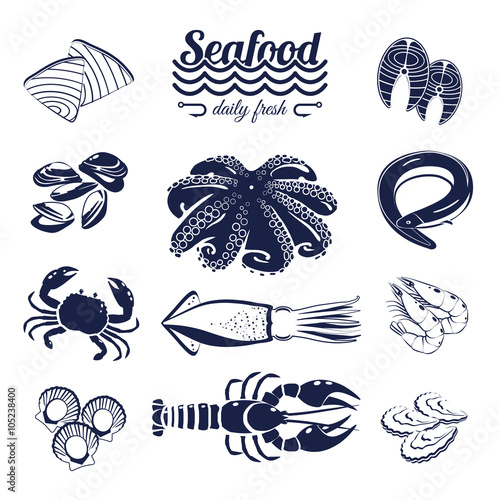 Set of monotone cartoon sea food elements - tuna, salmon, clams, crab, lobster and so forth. Vector illustration, isolated on transparent background, eps 10.