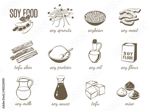 Set of monochrome cartoon soy food illustrations - soy milk, soy sauce, soy meat, tofu, miso and so on. Vector illustration, isolated on transparent background, eps 10.