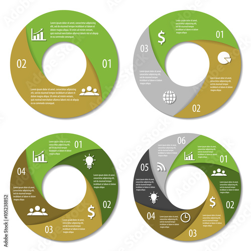 Set of round infographic diagram. Circles of 2, 3, 4, 6 elements. Vector EPS10