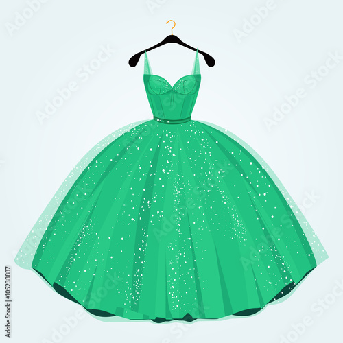 Green dress for special event on hanger. Party dress.Vector illu