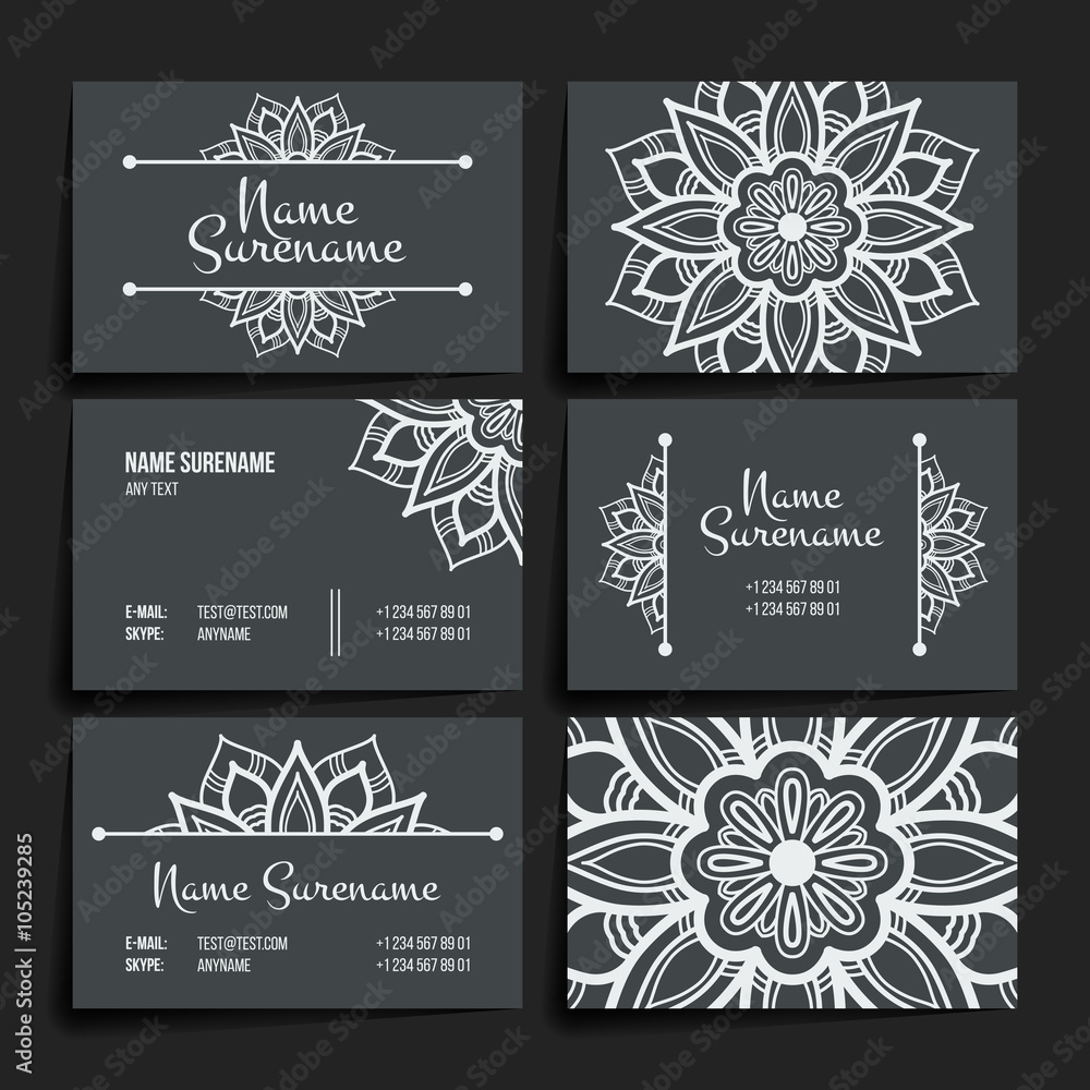 Fototapeta premium Set of vector design templates. Business card with floral circle ornament. Mandala style.
