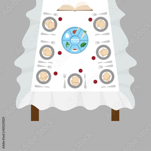Passover  dinner, seder pesach. table with passover plate and traditional food
