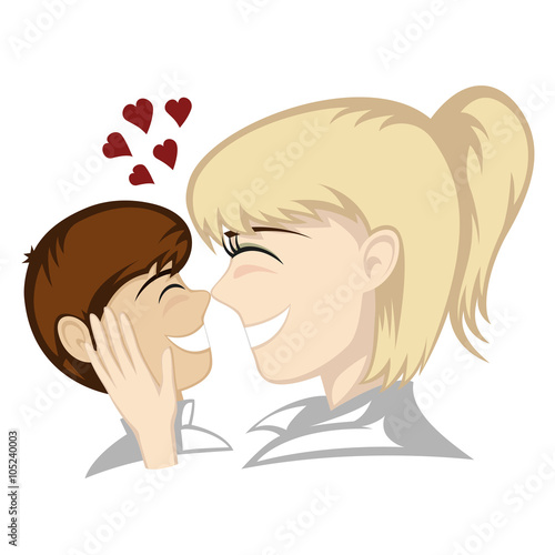 A little brunette boy and blonde mother's faces (mother caresses).