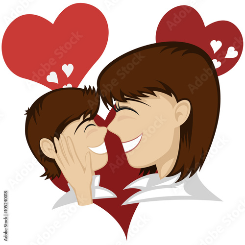 A little brunette boy and brunette mother's faces (mother caresses with hearts in background).