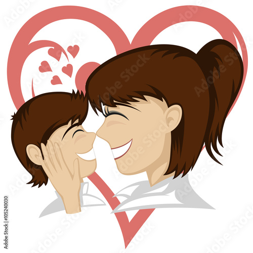 A little brunette boy and brunette mother's faces (mother caresses with a big heart ornament in background).