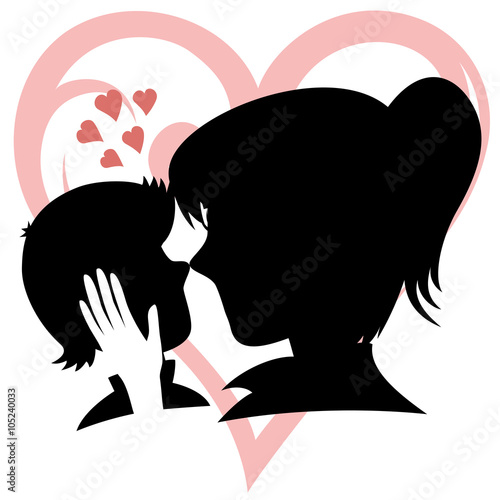 Silhouette of a caring mother caresses her son's head (with heart background).