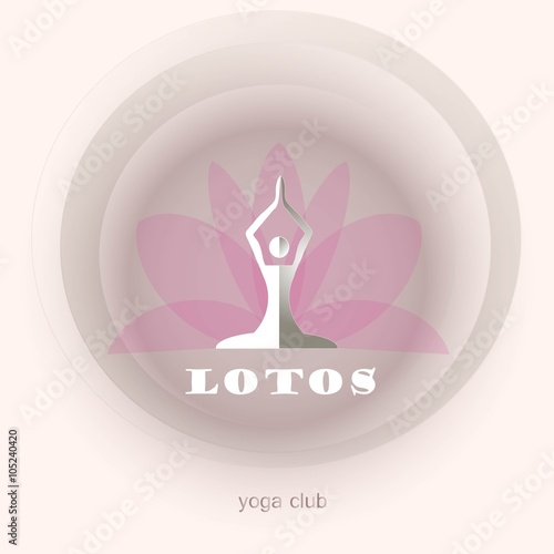 White female figure with raised arms against a pink lotus flower, inscription the Lotos, yoga club. Round logo for fitness club, yoga studia, design element, flat design, vector