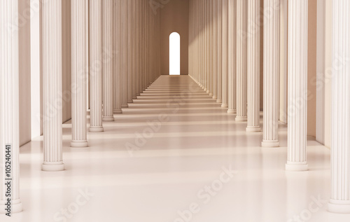 Corridor with roman pillars and bright light at the exit, 3d rendered