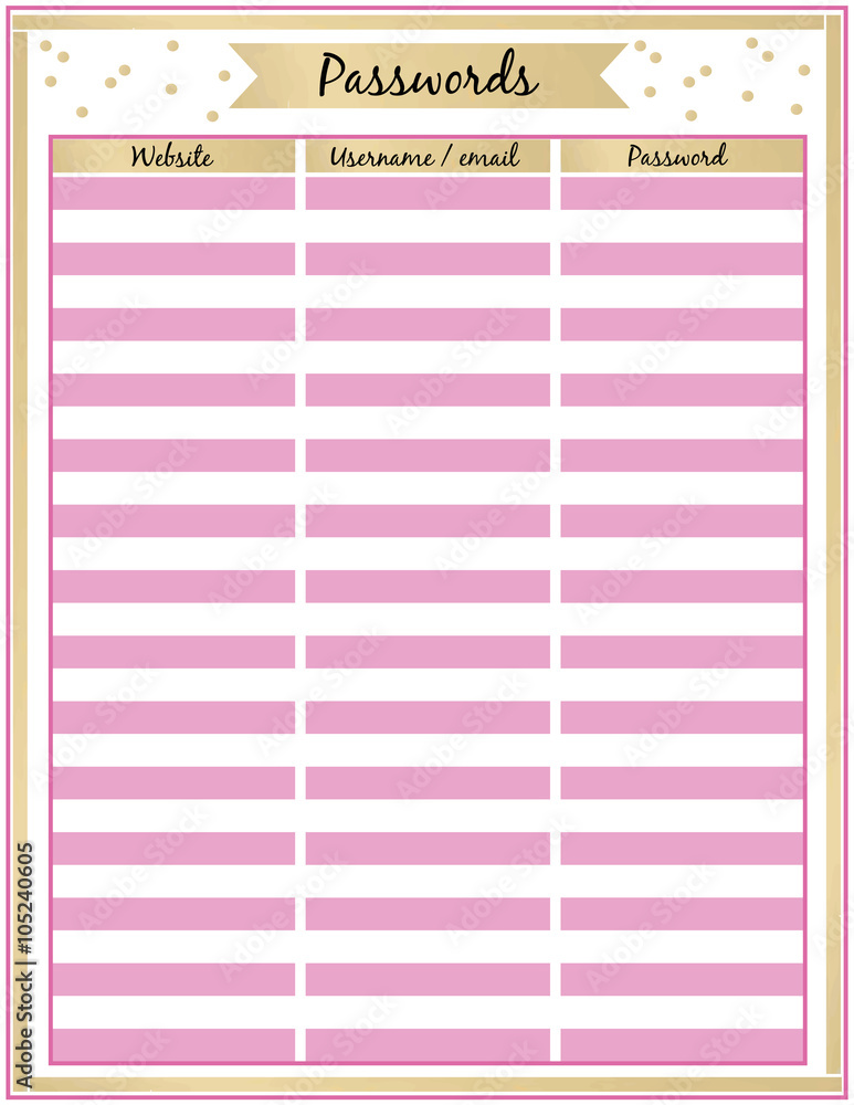 Password tracker Printable Planner Page Minimalistic pink and gold Flat design,colors printable planner page.Vector set elements. Password tracker Printable Planner Page Minimalistic pink and gold Flat design,colors printable planner page.Vector set elements.