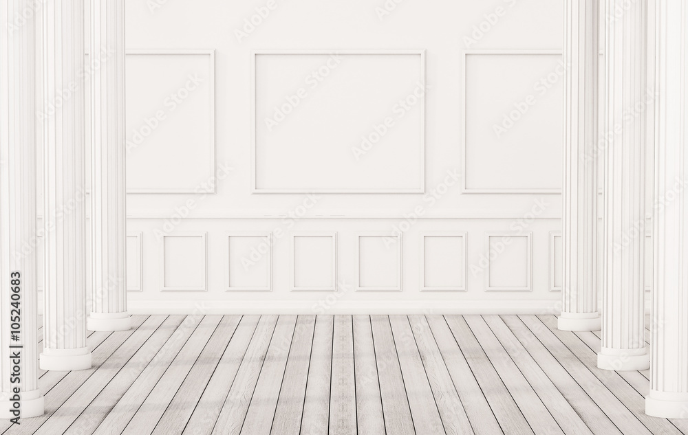 Classic interior, white wood floor and white wall with roman pillars, 3d rendered Classic interior, white wood floor and white wall with roman pillars, 3d rendered
