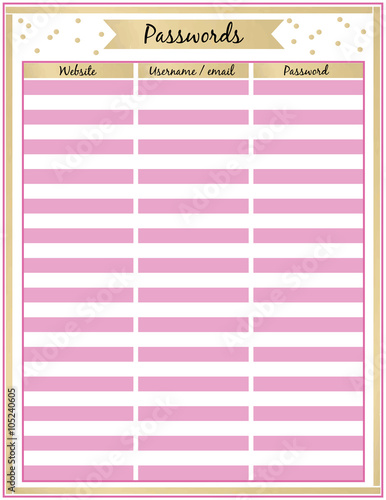 Password tracker Printable Planner Page Minimalistic pink and gold  Flat design,colors printable planner  page.Vector set elements.