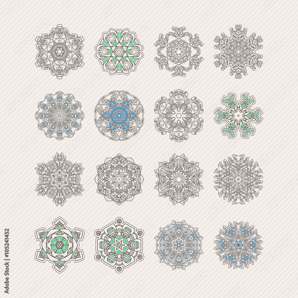 Set of ornate vector mandala symbols. Gothic lace tattoo. Celtic weave with sharp corners. Set of ornate vector mandala symbols. Gothic lace tattoo. Celtic weave with sharp corners.