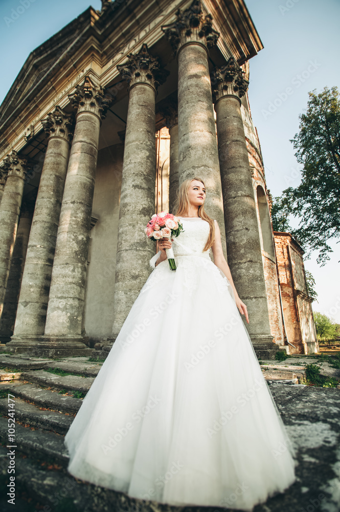 Obraz premium Gorgeous romantic gentle stylish beautiful caucasian bride on the background ancient baroque castle
