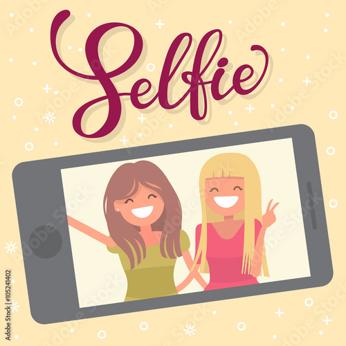 Calligraphic inscription best friends. Cheerful girl student together. Female friendship. 