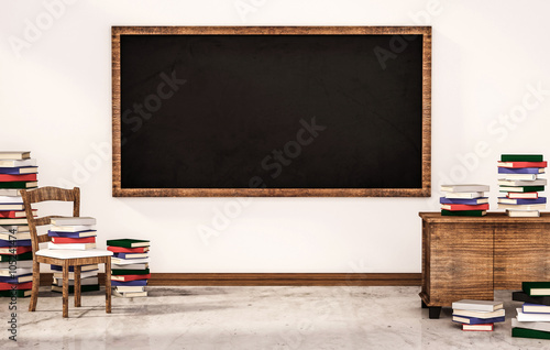 Classroom, blackboard on white wall with table, chair and piles of books on concrete floor, 3d rendered