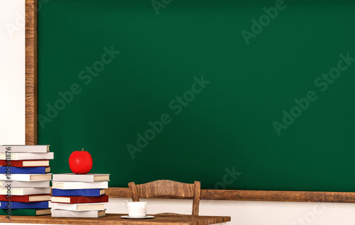 Classroom, books, apple, coffee cup, table, chair and green blackboard, with copy space, 3d rendered