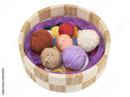 knitting and accessory in a wooden basket isolated on a white background